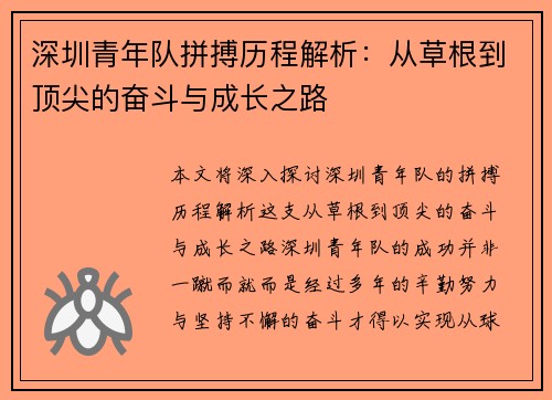 深圳青年队拼搏历程解析：从草根到顶尖的奋斗与成长之路