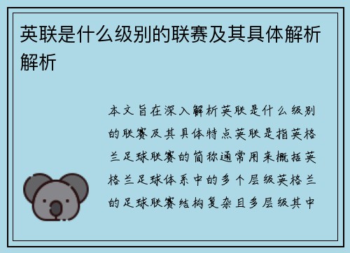 英联是什么级别的联赛及其具体解析解析