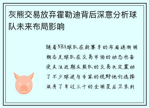 灰熊交易放弃霍勒迪背后深意分析球队未来布局影响